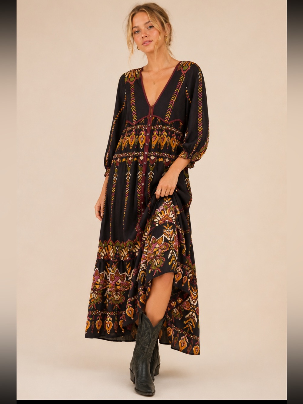 Free People Moody Combo Foley Long Sleeve Maxi Dress Size XS 36812 - Picture 1 of 16